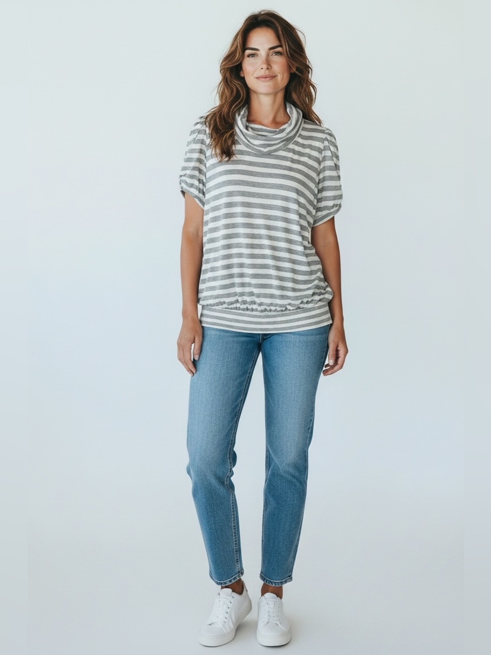 We The Free Short Sleeve Cowl Neck Tunic // Gray & White // Medium